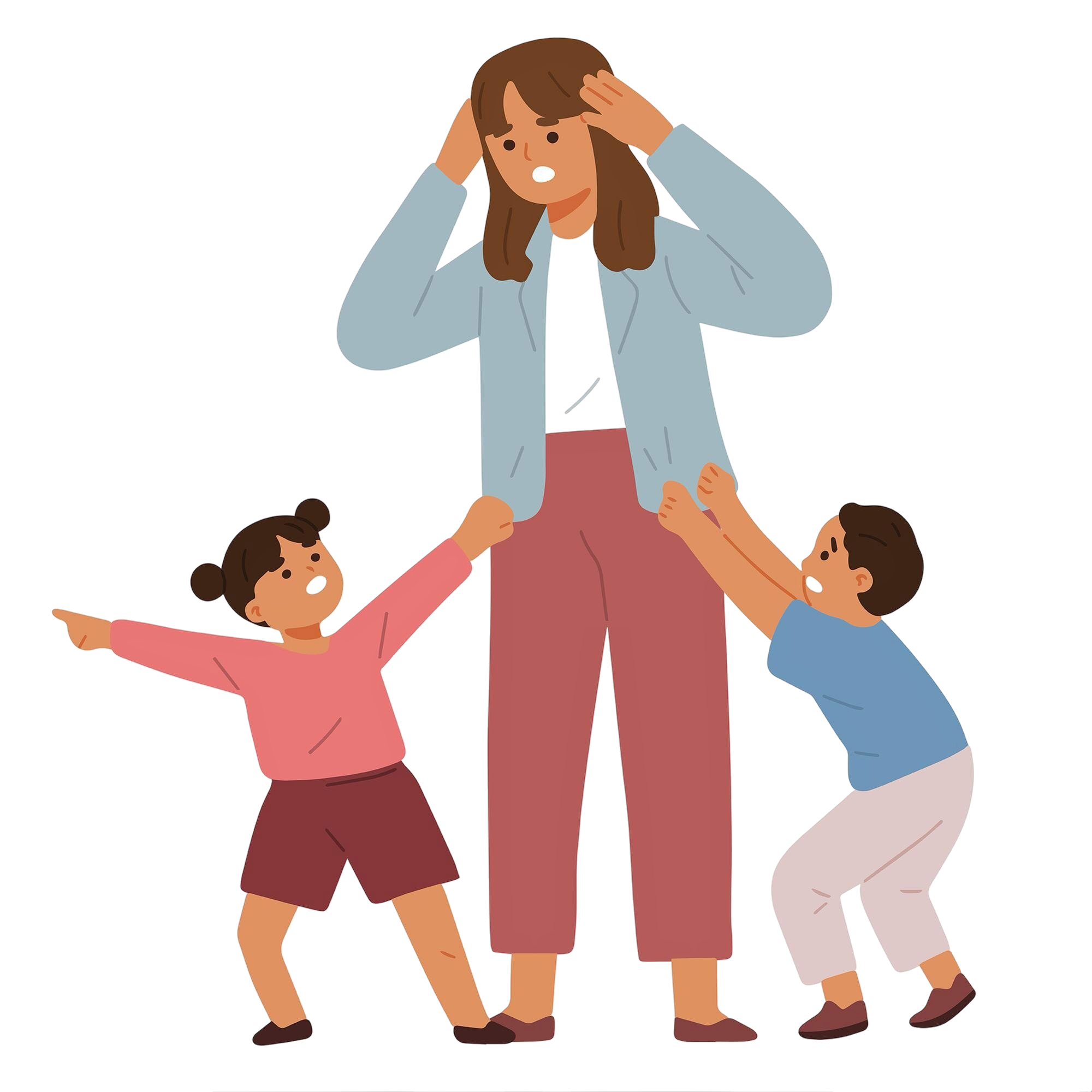 Stressed parent with two demanding kids